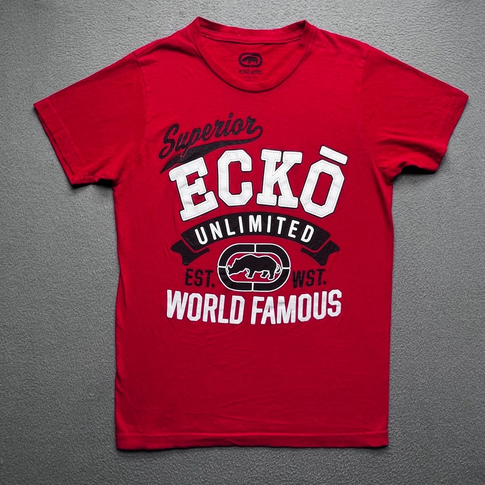 Ecko Unltd Men T-Shirt Red Cotton Small Streetwear Rhino Graphic Logo Tee